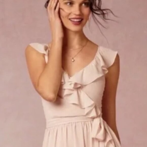 NWOT Ceremony By Joanna August Polly Wrap Pale Pink Ruffled Maxi Dress XS $275